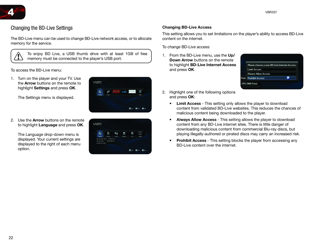 Vizio VBR337 user manual Changing the BD-Live Settings, Changing BD-Live Access 