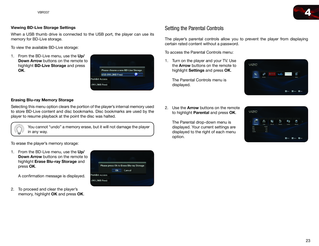 Vizio VBR337 user manual Setting the Parental Controls, Viewing BD-Live Storage Settings, Erasing Blu-ray Memory Storage 