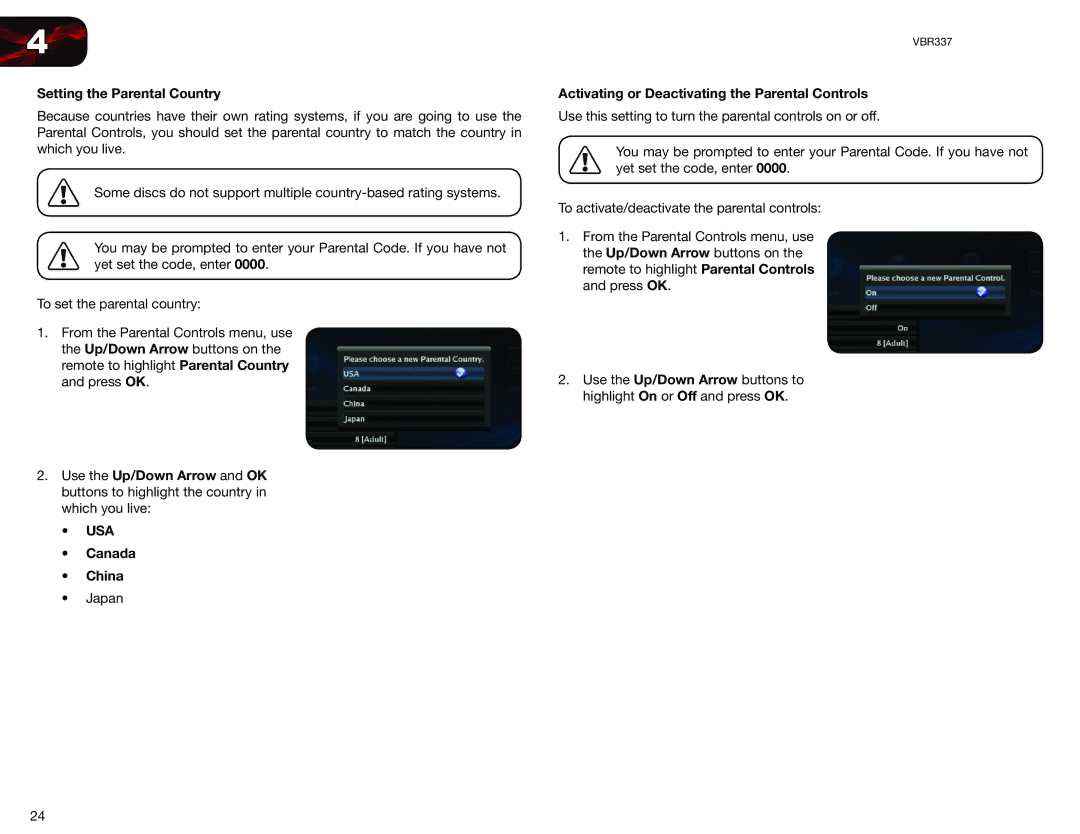 Vizio VBR337 user manual Setting the Parental Country, Canada China, Activating or Deactivating the Parental Controls 