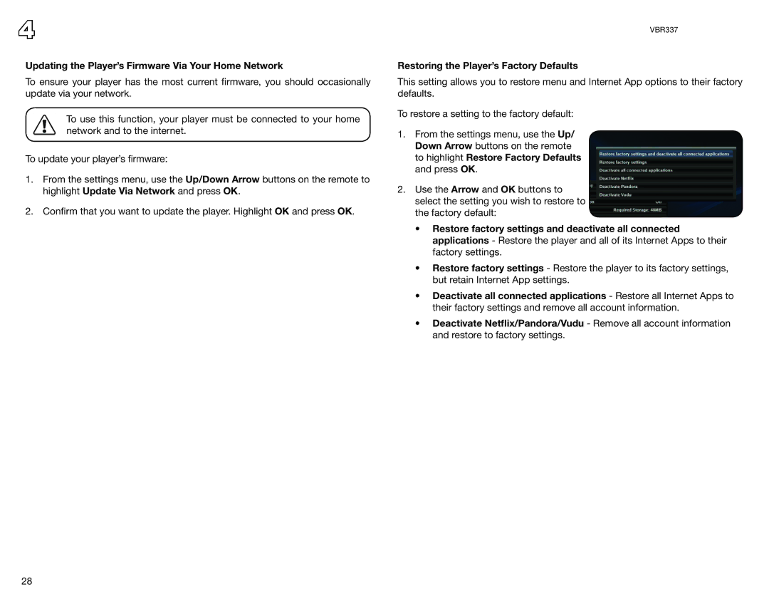 Vizio VBR337 user manual Updating the Player’s Firmware Via Your Home Network, Restoring the Player’s Factory Defaults 