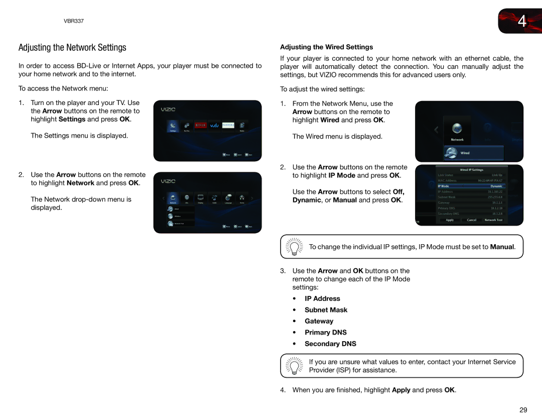 Vizio VBR337 user manual Adjusting the Network Settings, Adjusting the Wired Settings 