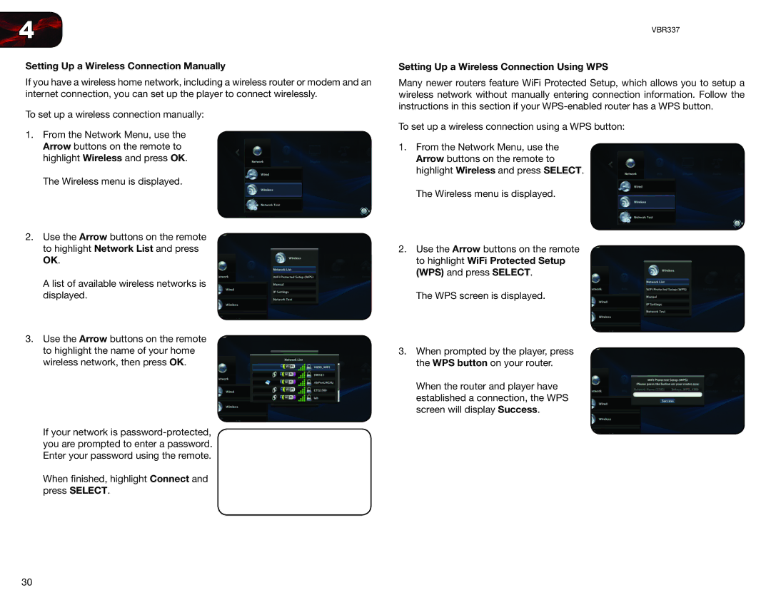 Vizio VBR337 user manual Setting Up a Wireless Connection Manually, Setting Up a Wireless Connection Using WPS 