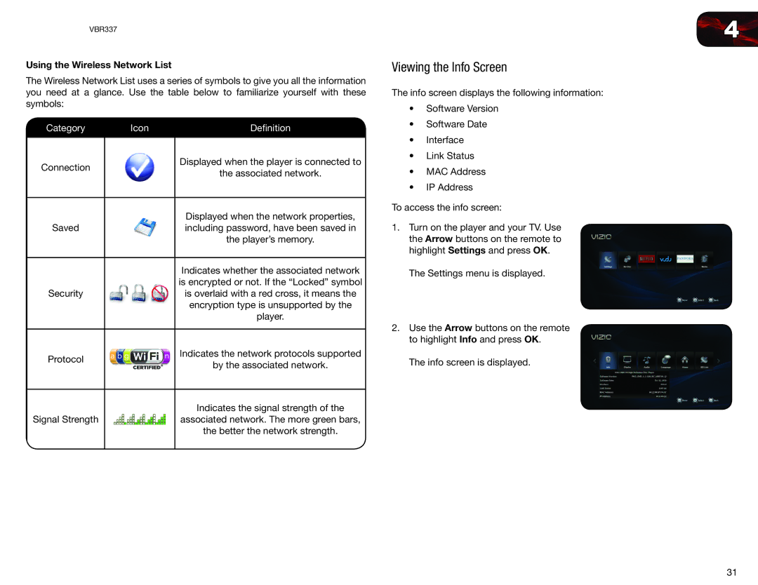 Vizio VBR337 user manual Viewing the Info Screen, Using the Wireless Network List 