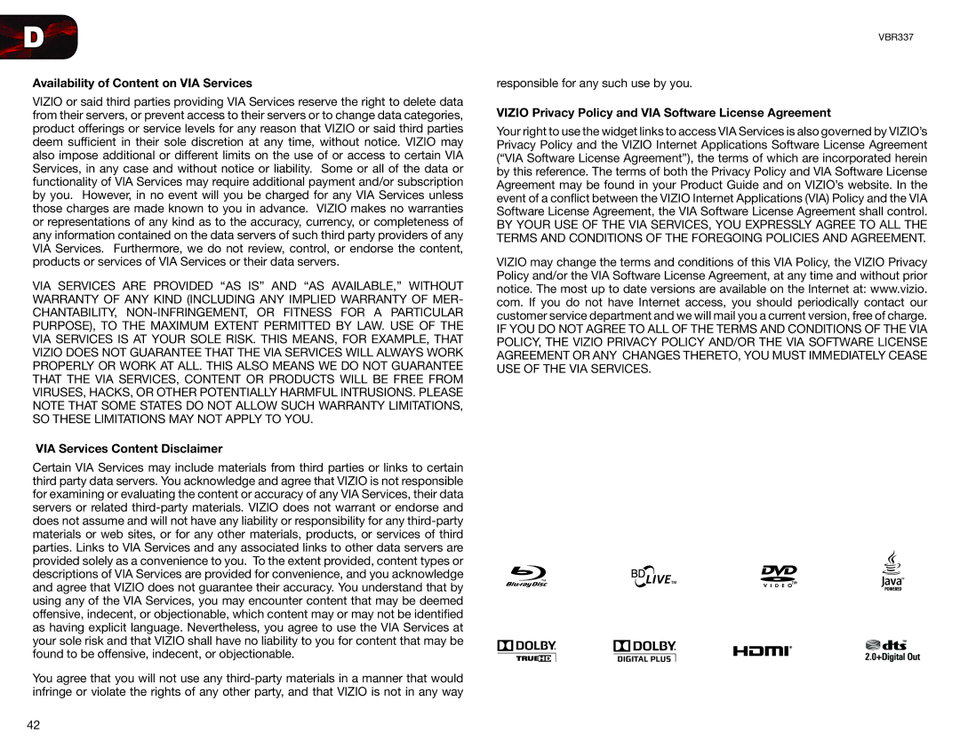 Vizio VBR337 user manual Availability of Content on VIA Services, VIA Services Content Disclaimer 