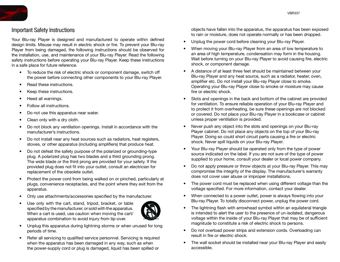 Vizio VBR337 user manual Important Safety Instructions 