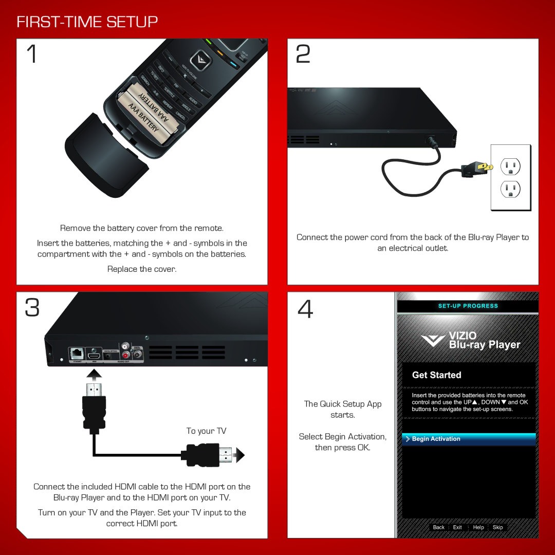 Vizio VBR337 quick start FIRST-TIME Setup, Remove the battery cover from the remote 