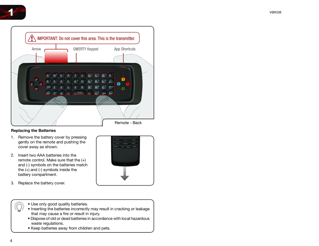 Vizio VBR338 user manual Important Do not cover this area. This is the transmitter, Replacing the Batteries 