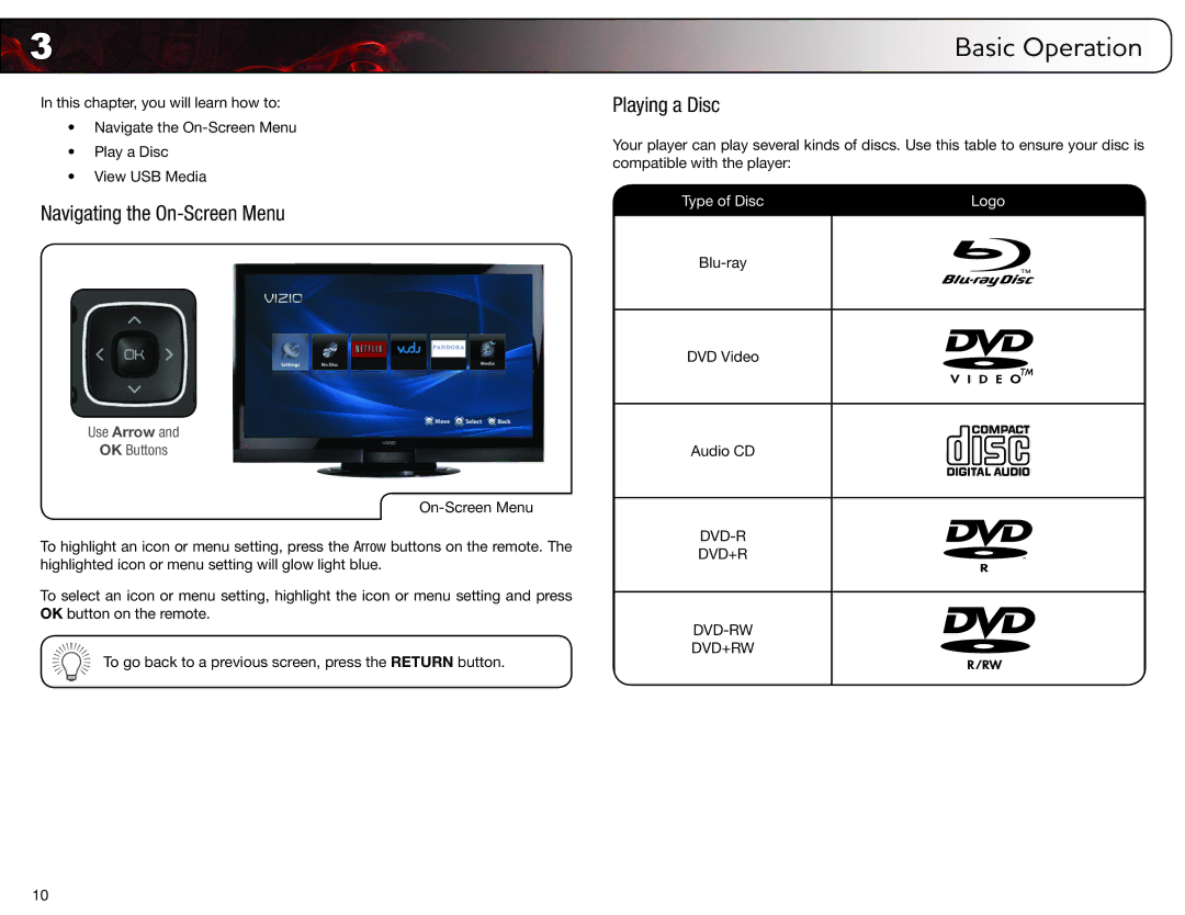 Vizio VBR338 user manual Navigating the On-Screen Menu, Playing a Disc 