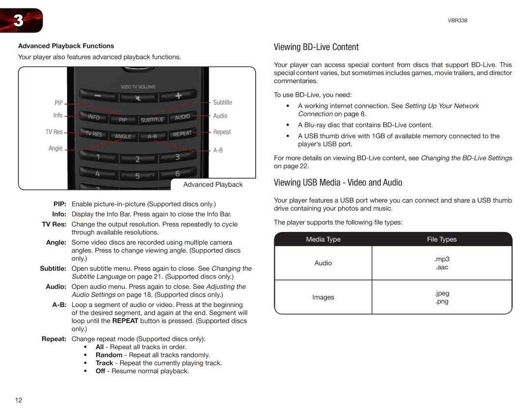 Vizio VBR338 user manual Viewing BD-Live Content, Viewing USB Media Video and Audio, Advanced Playback Functions 