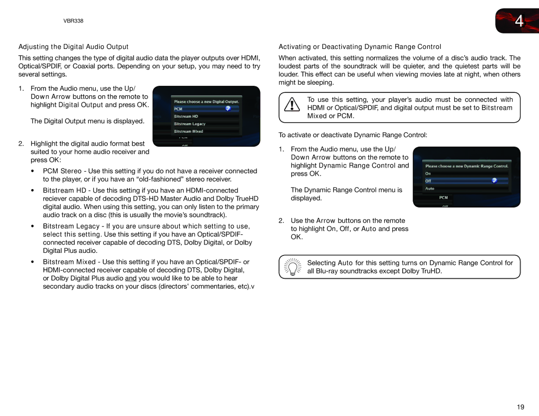 Vizio VBR338 user manual Adjusting the Digital Audio Output, Activating or Deactivating Dynamic Range Control 