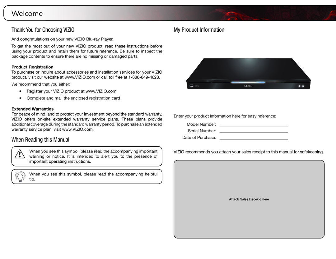 Vizio VBR338 Thank You for Choosing Vizio, When Reading this Manual, My Product Information, Product Registration 