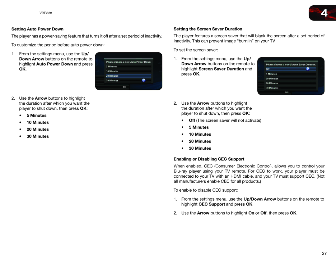 Vizio VBR338 Setting Auto Power Down, Minutes Setting the Screen Saver Duration, Minutes Enabling or Disabling CEC Support 