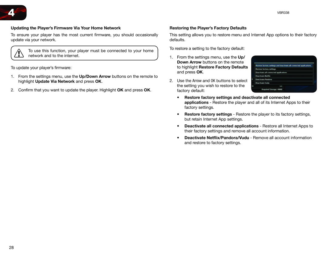 Vizio VBR338 user manual Updating the Player’s Firmware Via Your Home Network, Restoring the Player’s Factory Defaults 