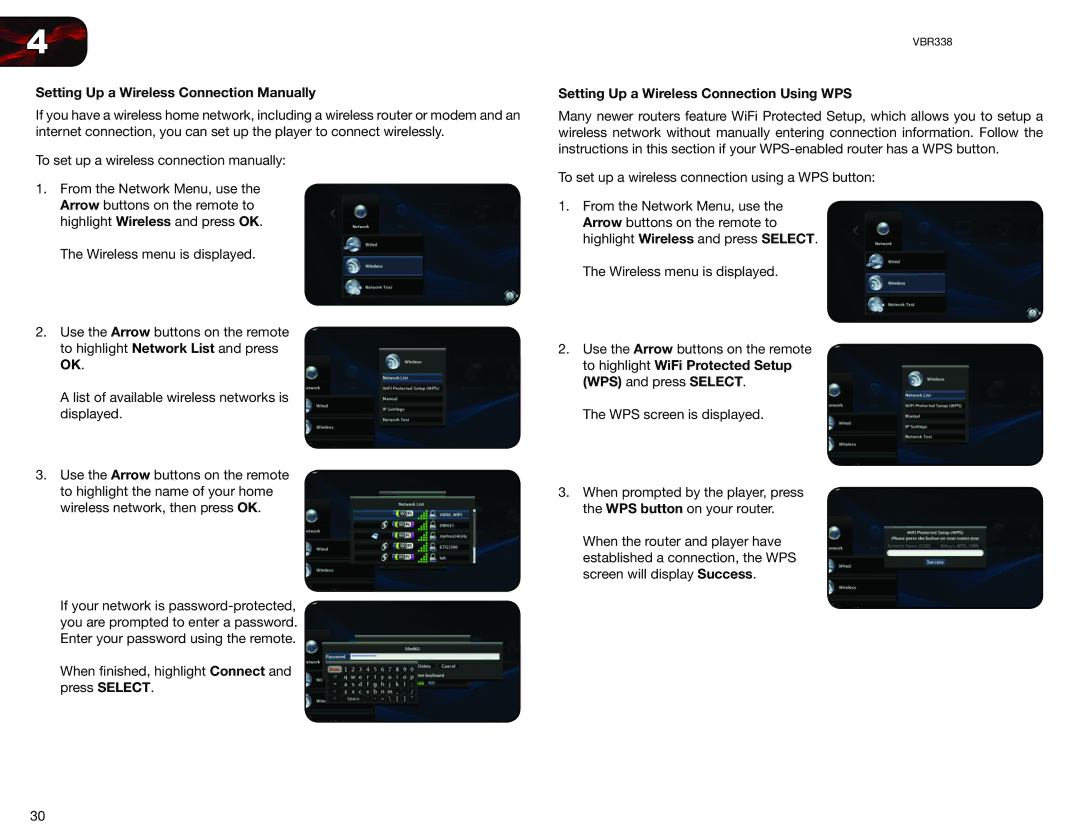 Vizio VBR338 user manual Setting Up a Wireless Connection Manually, Setting Up a Wireless Connection Using WPS 