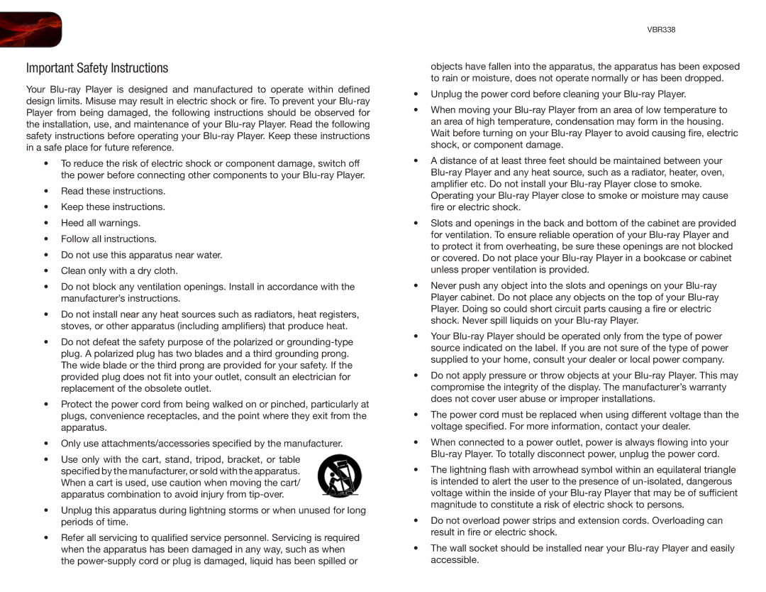 Vizio VBR338 user manual Important Safety Instructions 