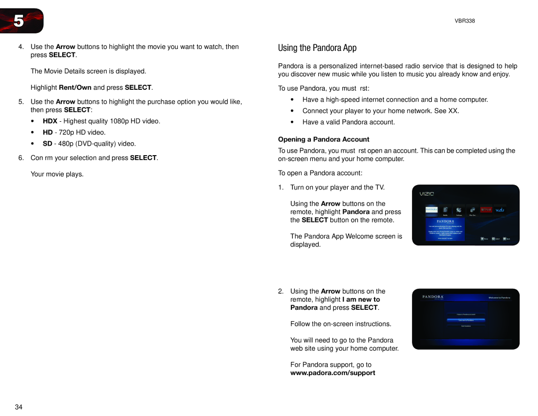 Vizio VBR338 user manual Using the Pandora App, Opening a Pandora Account 