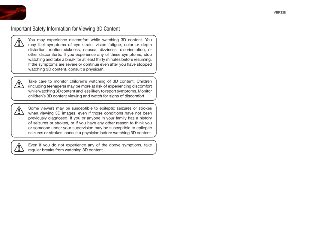 Vizio VBR338 user manual Important Safety Information for Viewing 3D Content 