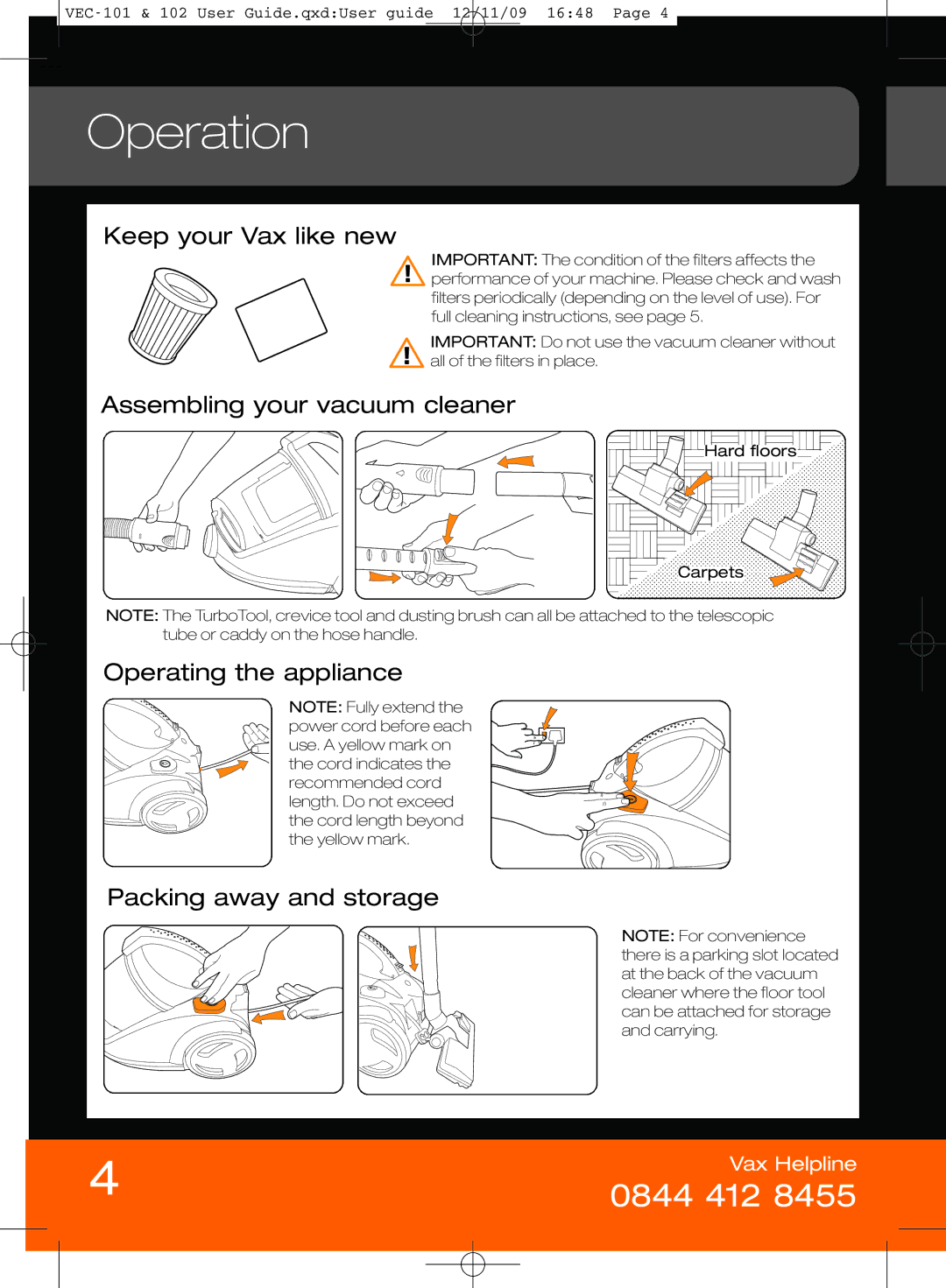 Vizio VEC-101 manual Operation, Keep your Vax like new, Assembling your vacuum cleaner 