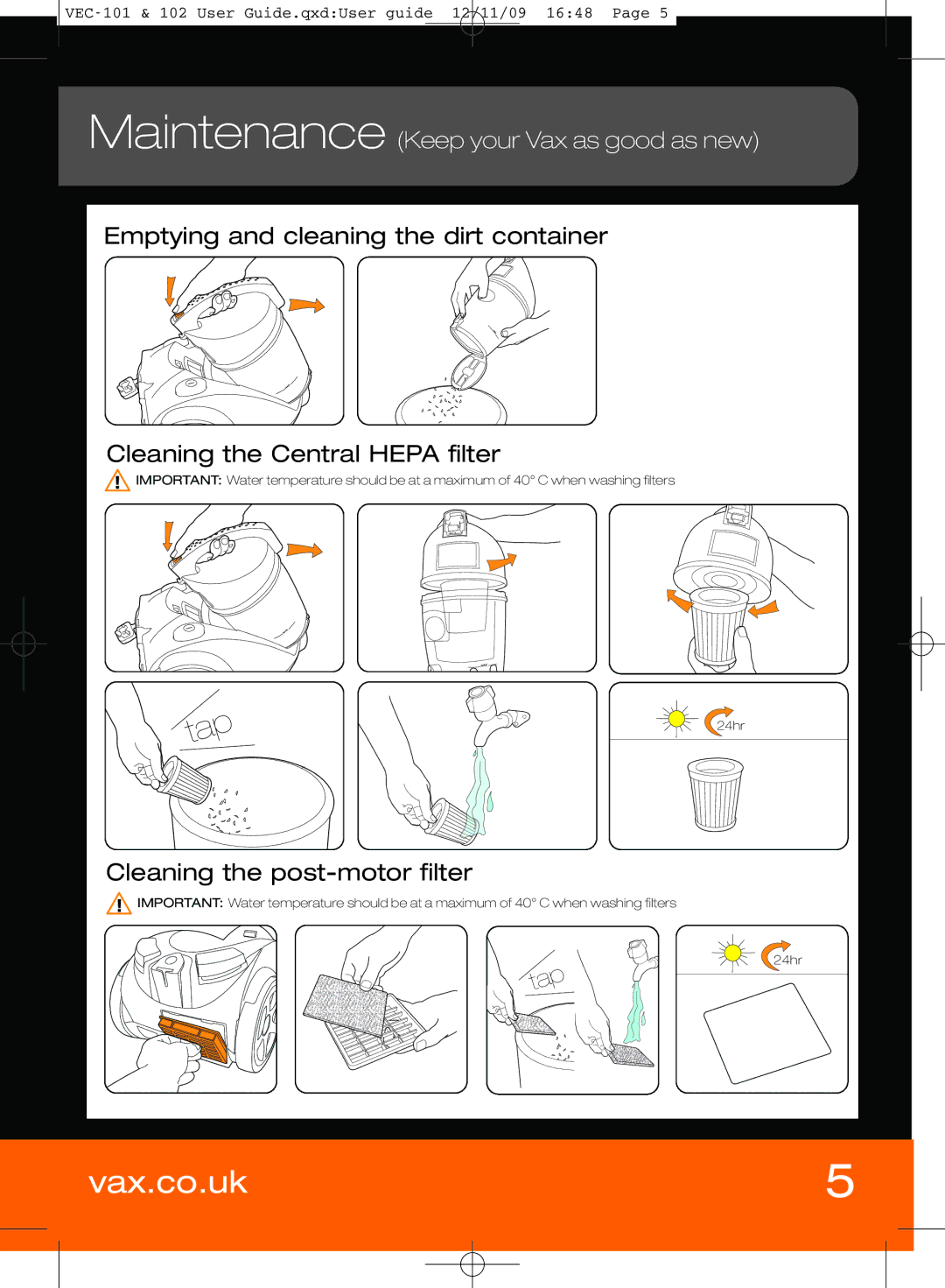 Vizio VEC-101 manual Maintenance Keep your Vax as good as new, Cleaning the post-motor filter 