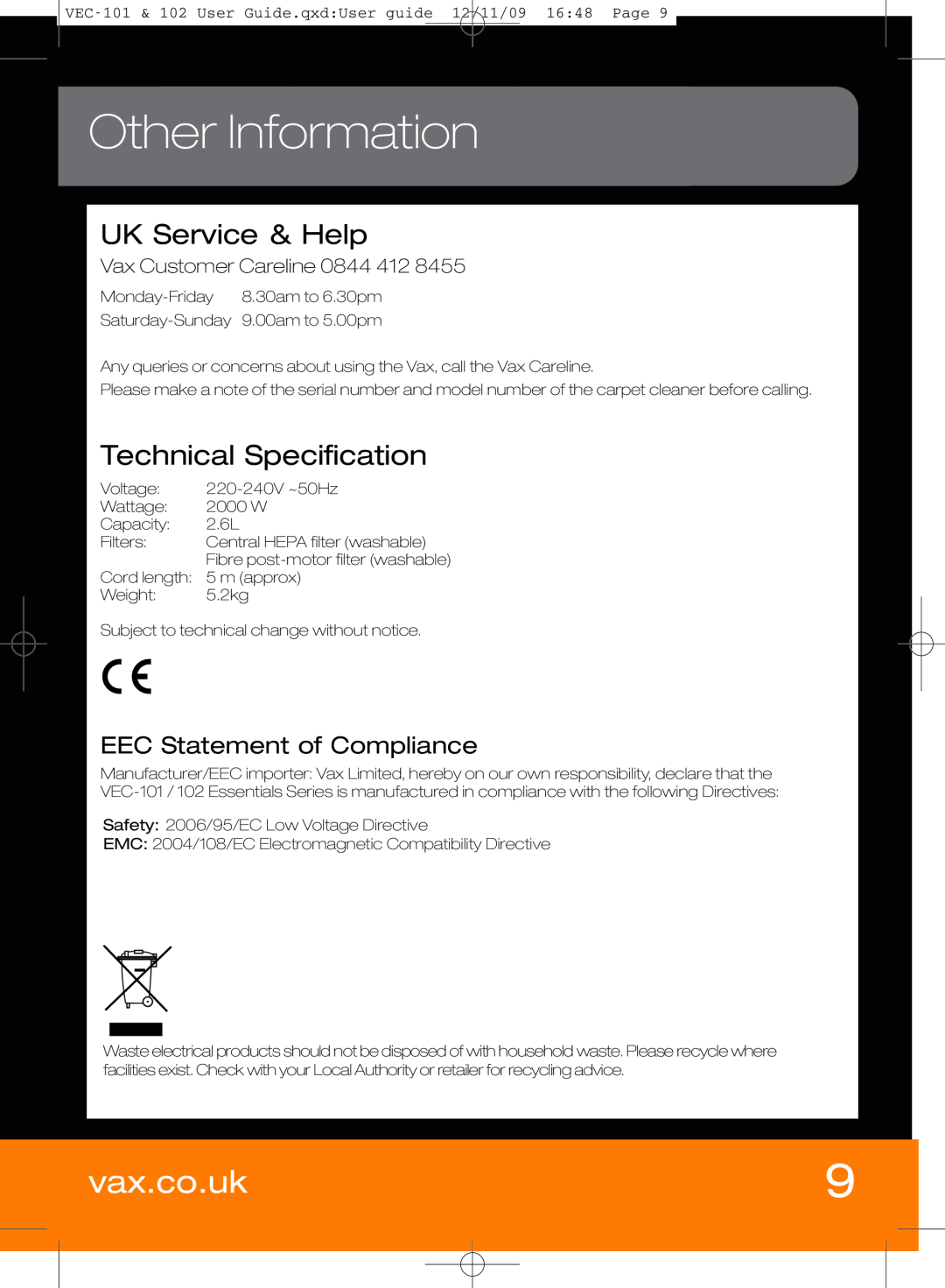Vizio VEC-101 manual Other Information, EEC Statement of Compliance, Vax Customer Careline, vax.co.uk, UK Service & Help 