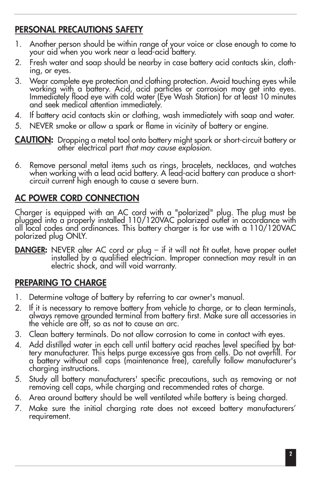 Vizio VEC080 owner manual Personal Precautions Safety, AC Power Cord Connection, Preparing to Charge 