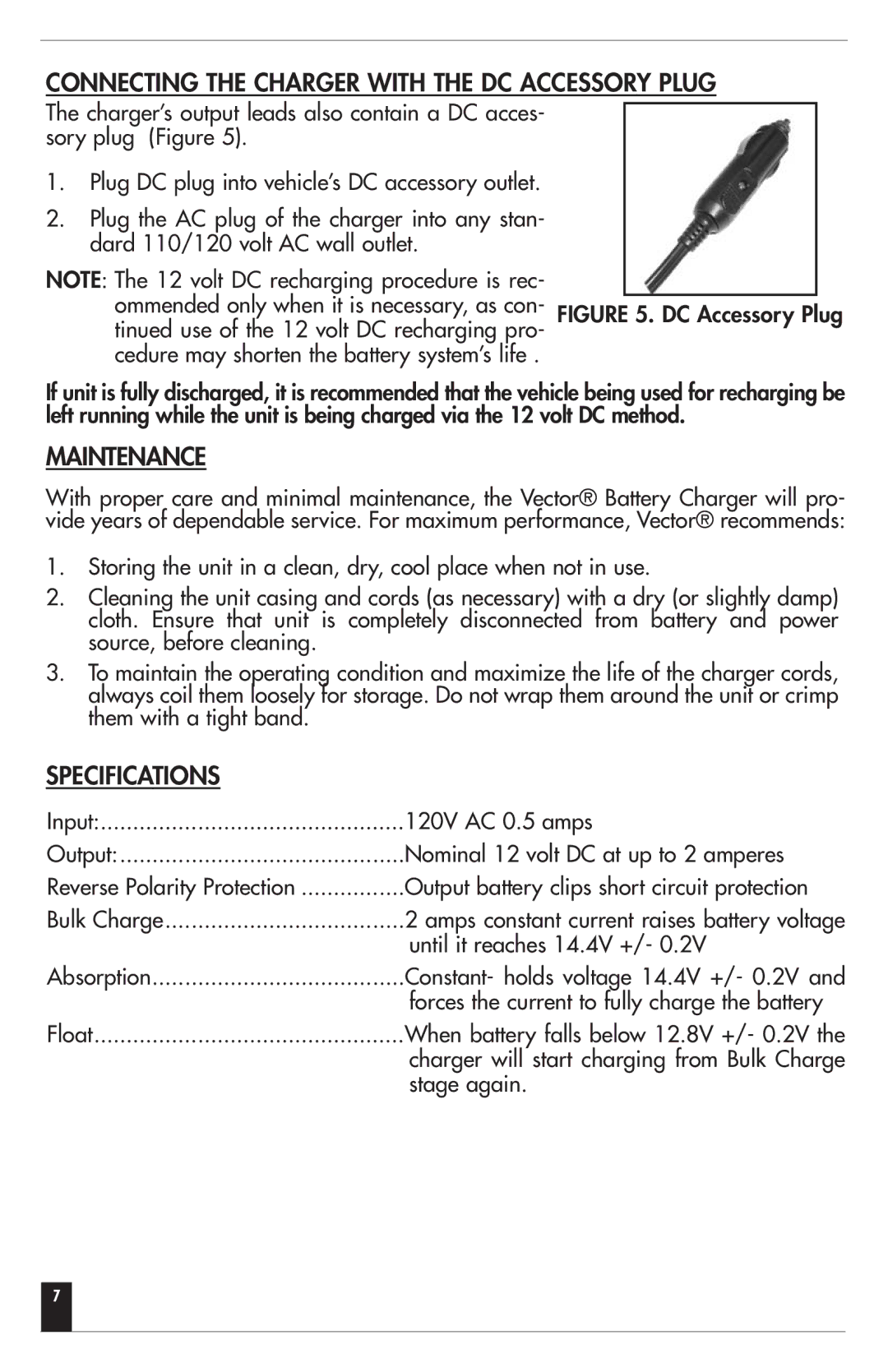 Vizio VEC080 owner manual Connecting the Charger with the DC Accessory Plug, Maintenance, Specifications 