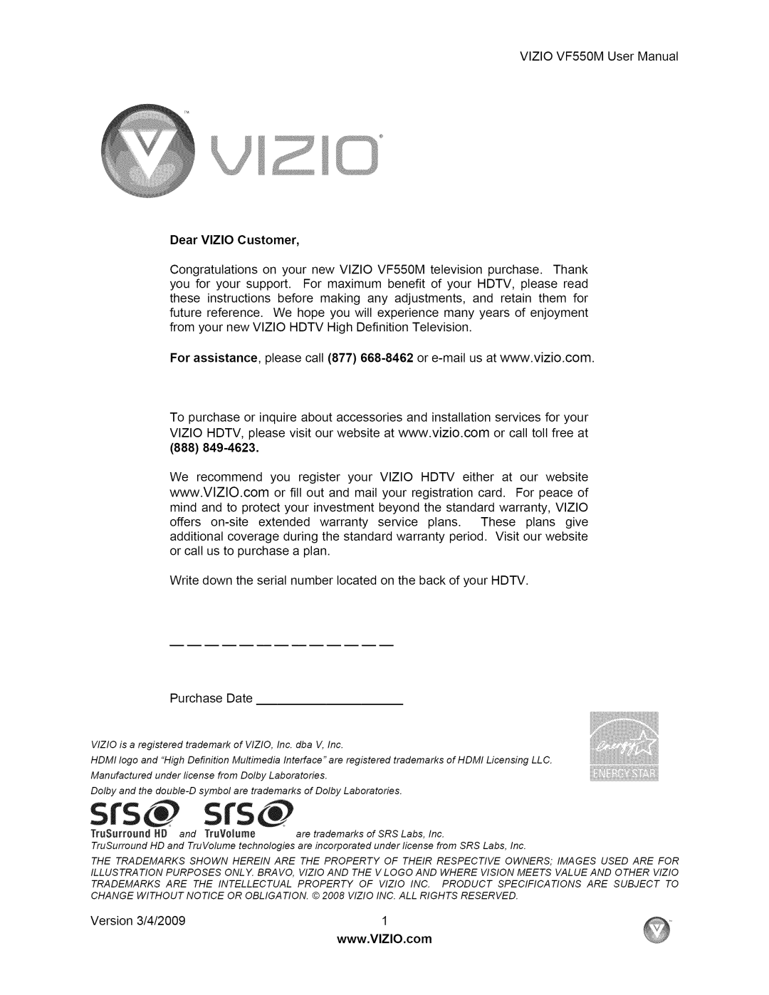 Vizio VF550M user manual Srs, 888 