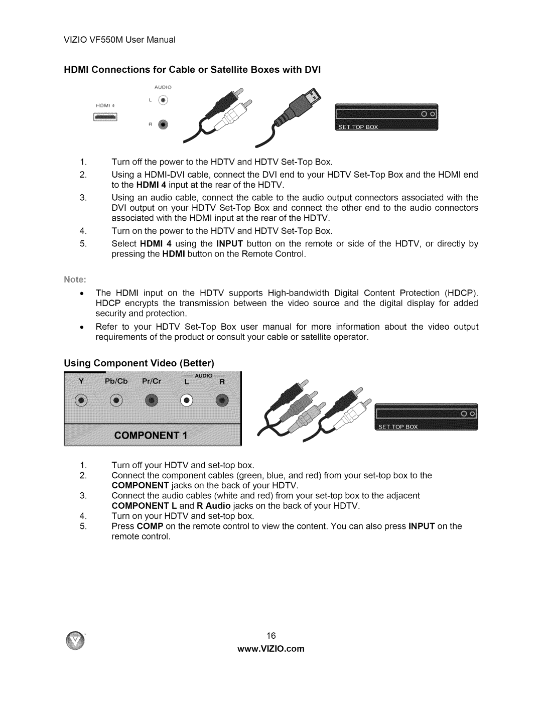 Vizio user manual VIZIOVF550MUserManual, Hdmi Connections for Cable or Satellite Boxes with DVI 