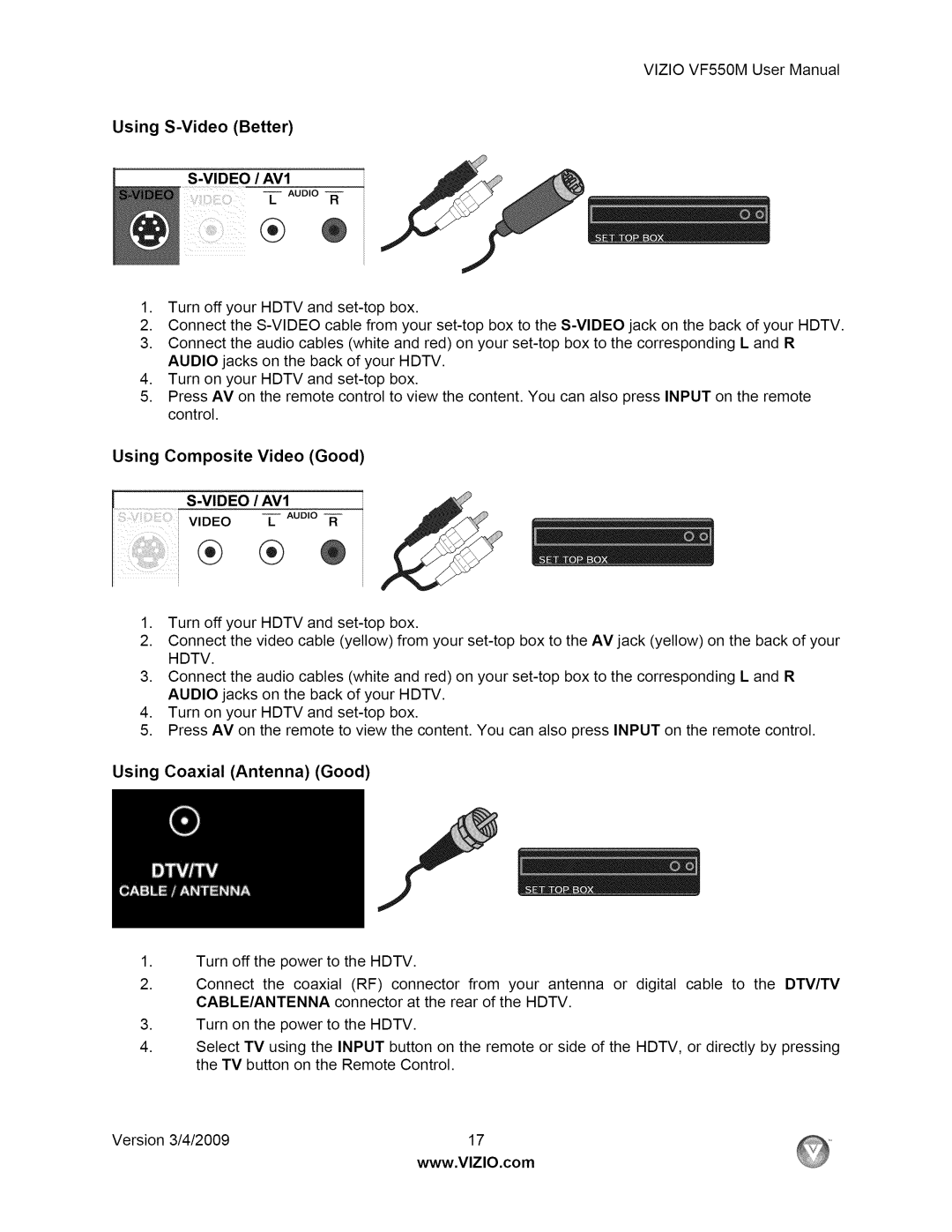 Vizio VF550M user manual Using S-Video Better, AVl, Using Coaxial Antenna Good 