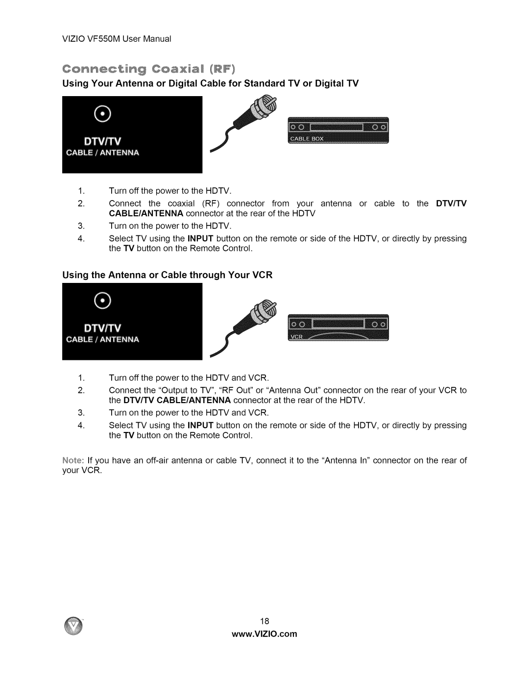 Vizio VF550M user manual Using the Antenna or Cable through Your VCR 