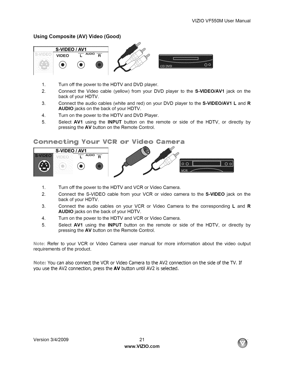 Vizio VF550M user manual SVIDEO-V,DEO,AV1LR, Using Composite AV Video Good 