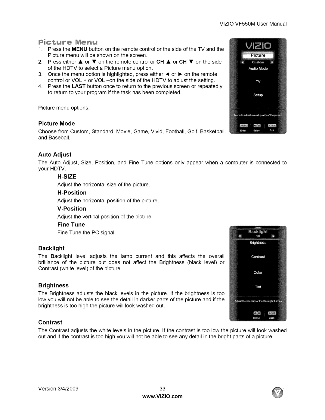 Vizio VF550M user manual Picture Mode, Auto Adjust, Backlight 