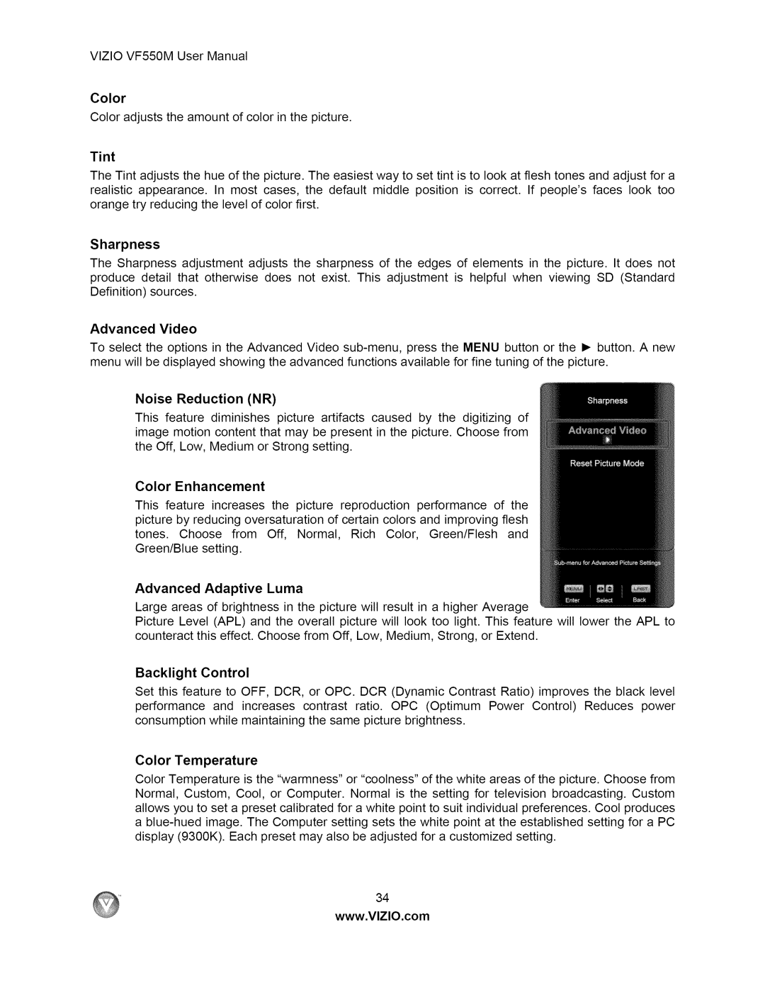 Vizio VF550M user manual Tint, Advanced Video, Noise Reduction NR, Color Enhancement, Advanced Adaptive Luma 