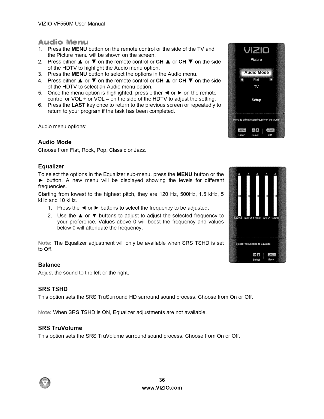 Vizio VF550M user manual Equalizer, SRS Tshd 