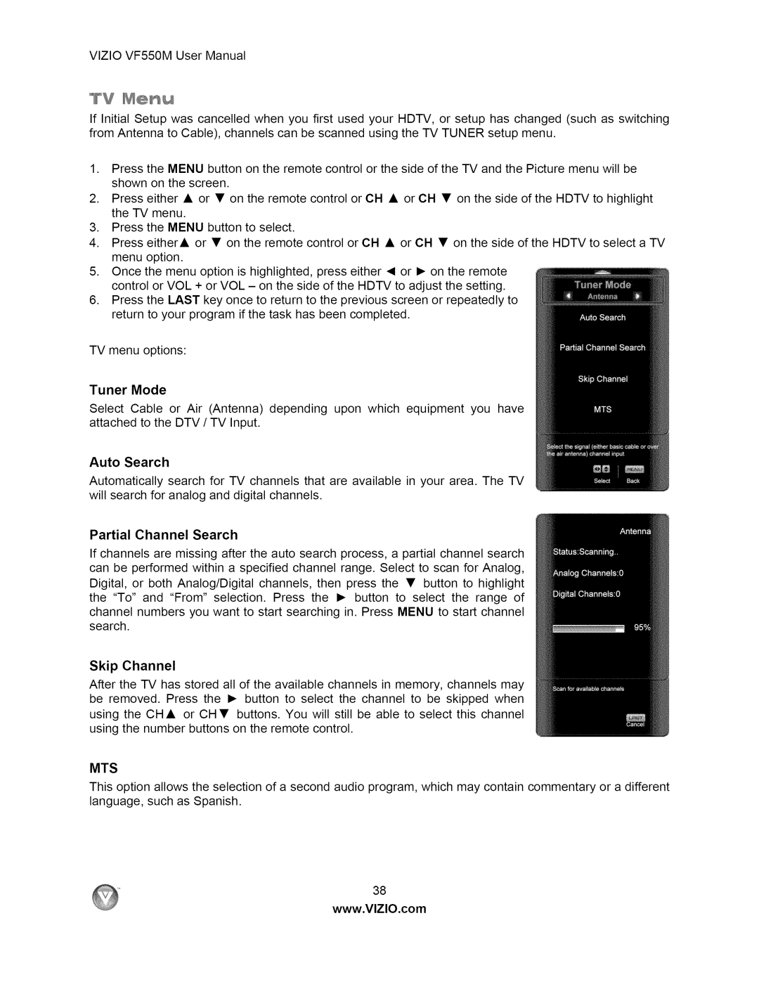 Vizio VF550M user manual Auto Search, Partial Channel Search 