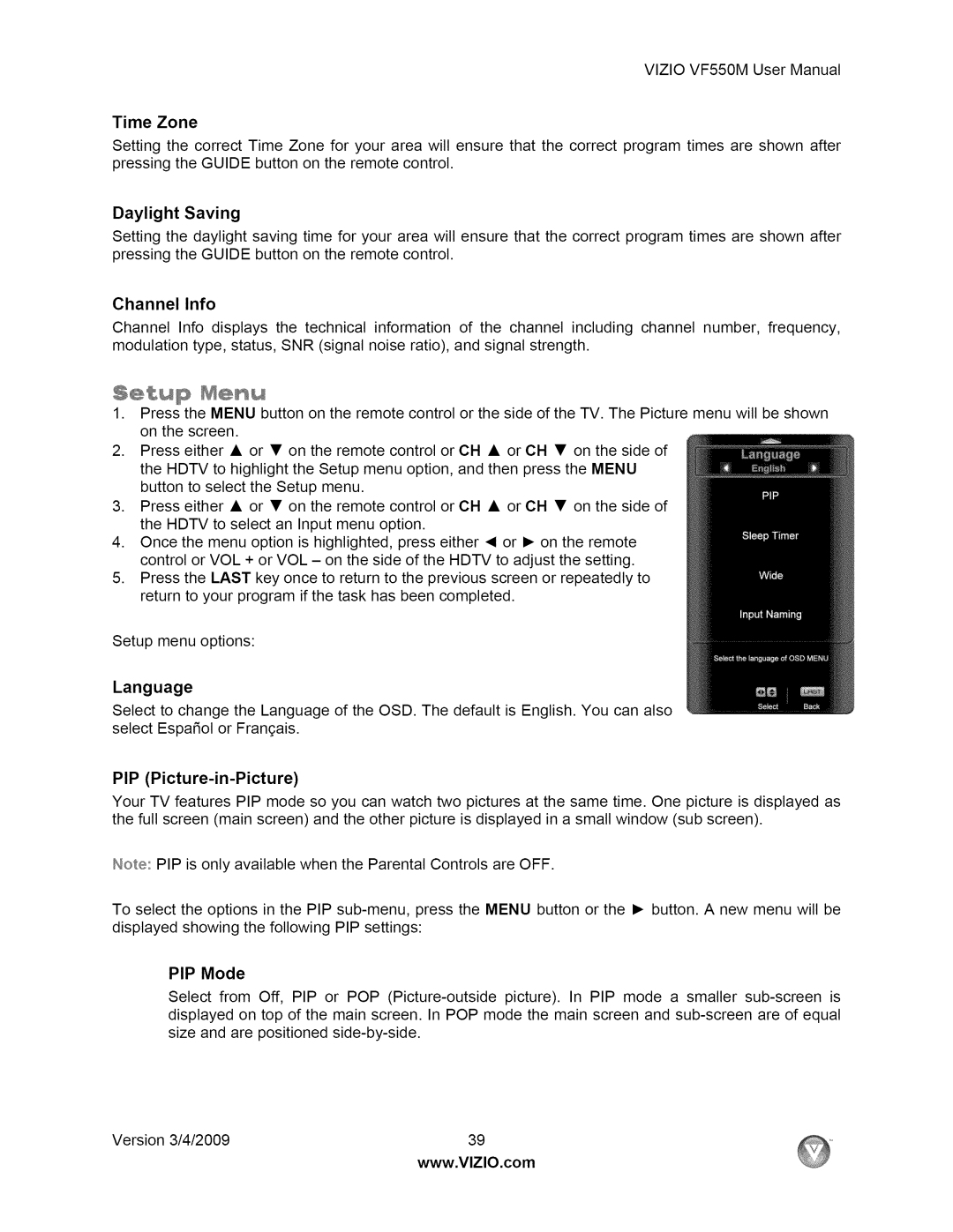 Vizio user manual VIZIOVF550MUserManual Time Zone, St p Mn 