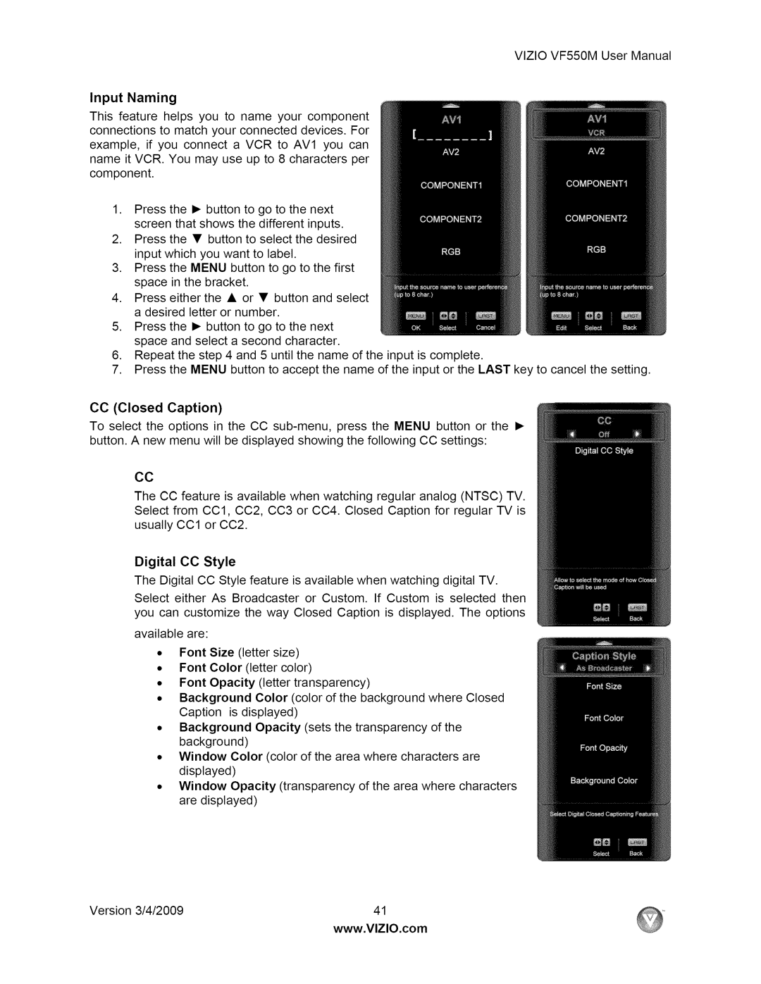 Vizio VF550M user manual Input Naming, Digital CC Style 