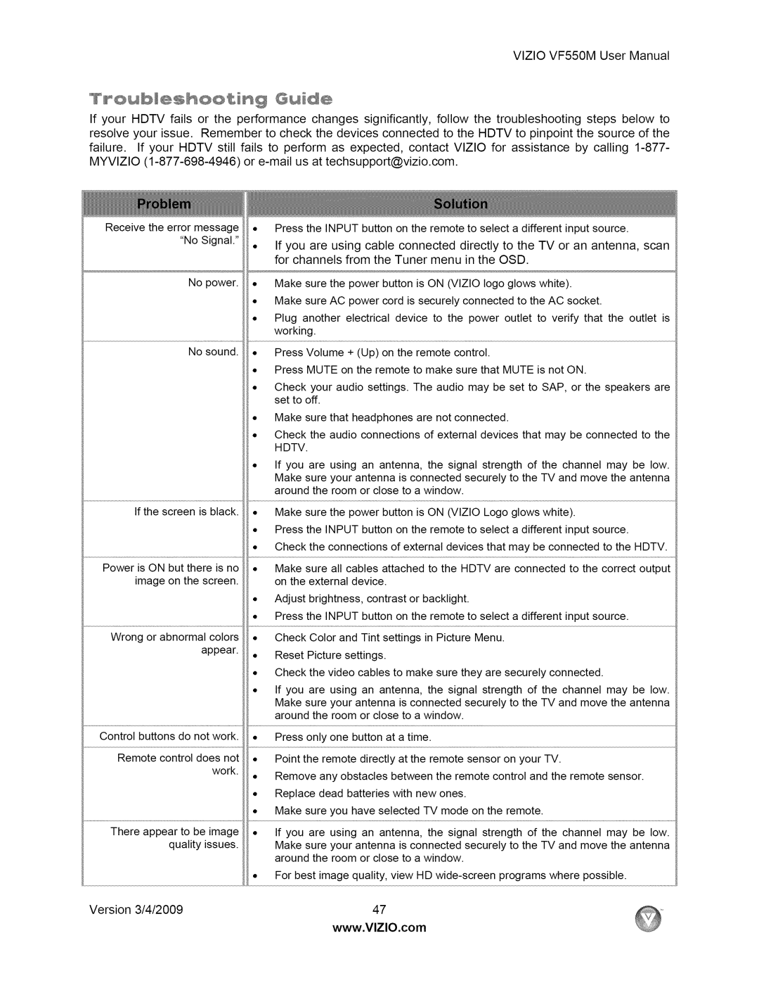 Vizio VF550M user manual Version 3/4/2009 