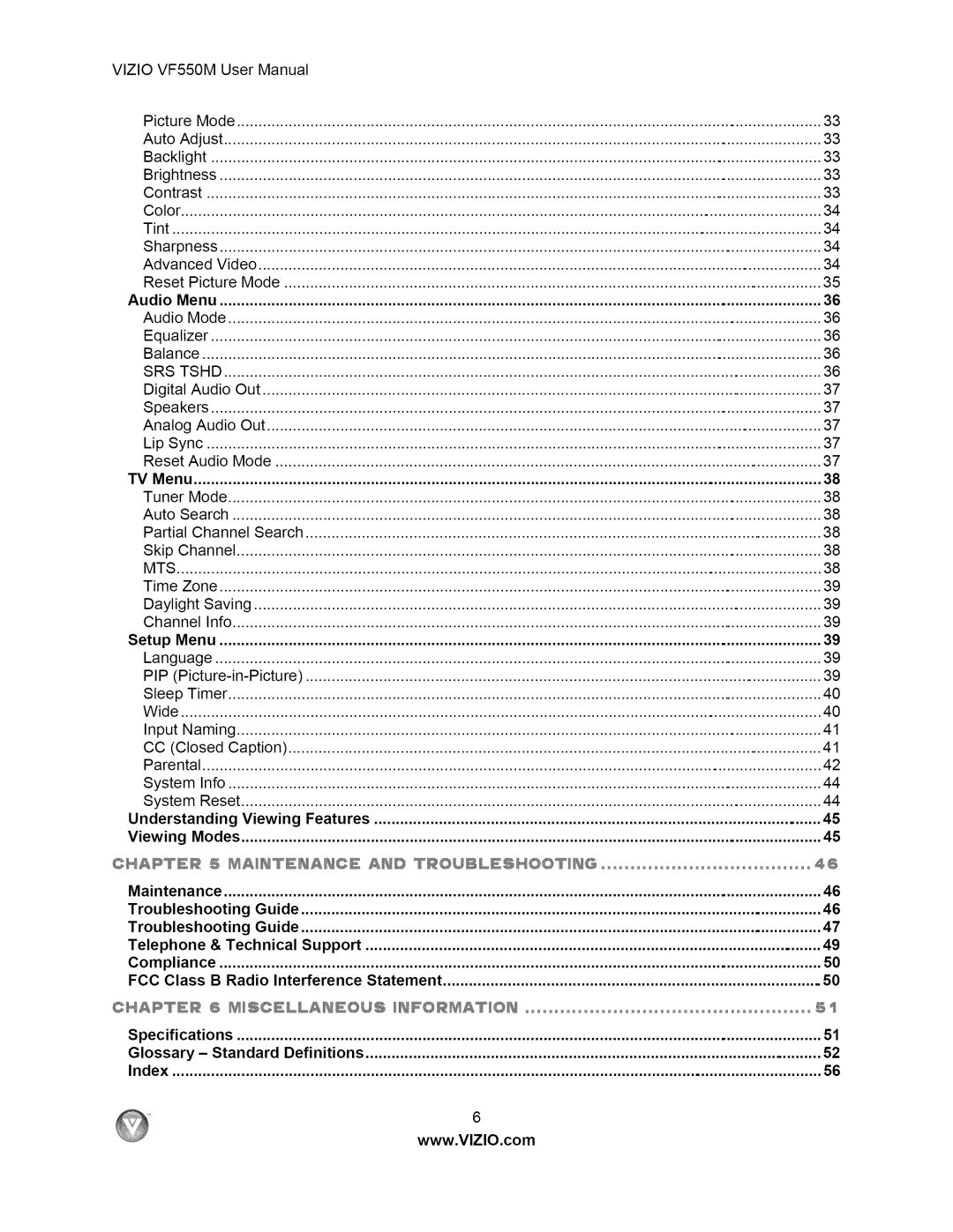 Vizio VF550M user manual Troubleshooting, Telephone Technical Support, FCC Class Radio, Glossary Standard Definitions 