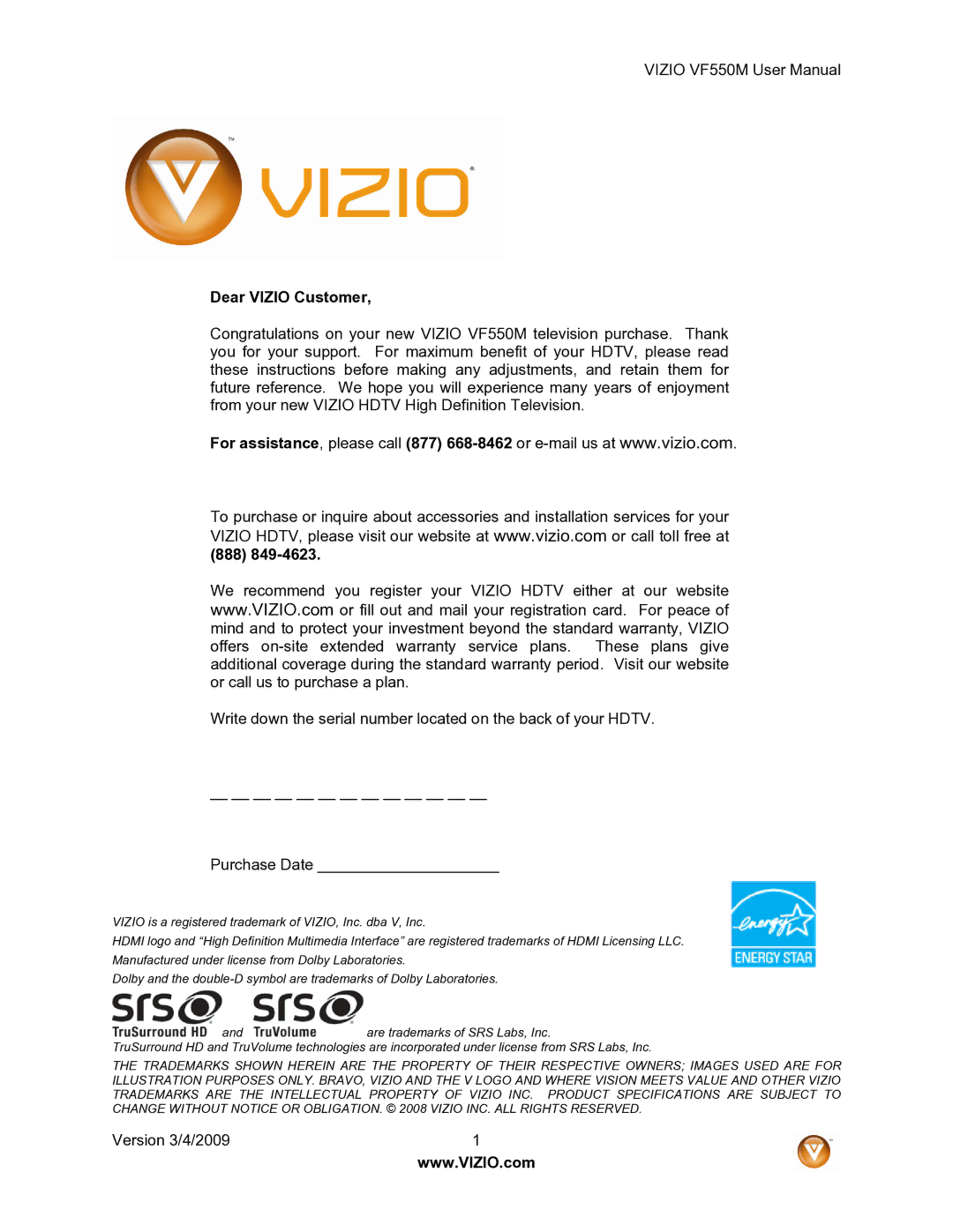 Vizio VF550M user manual Dear Vizio Customer, 888 