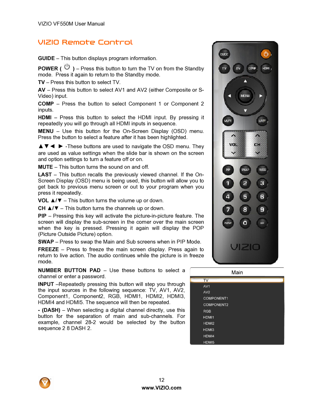 Vizio VF550M user manual Vizio Remote Control 