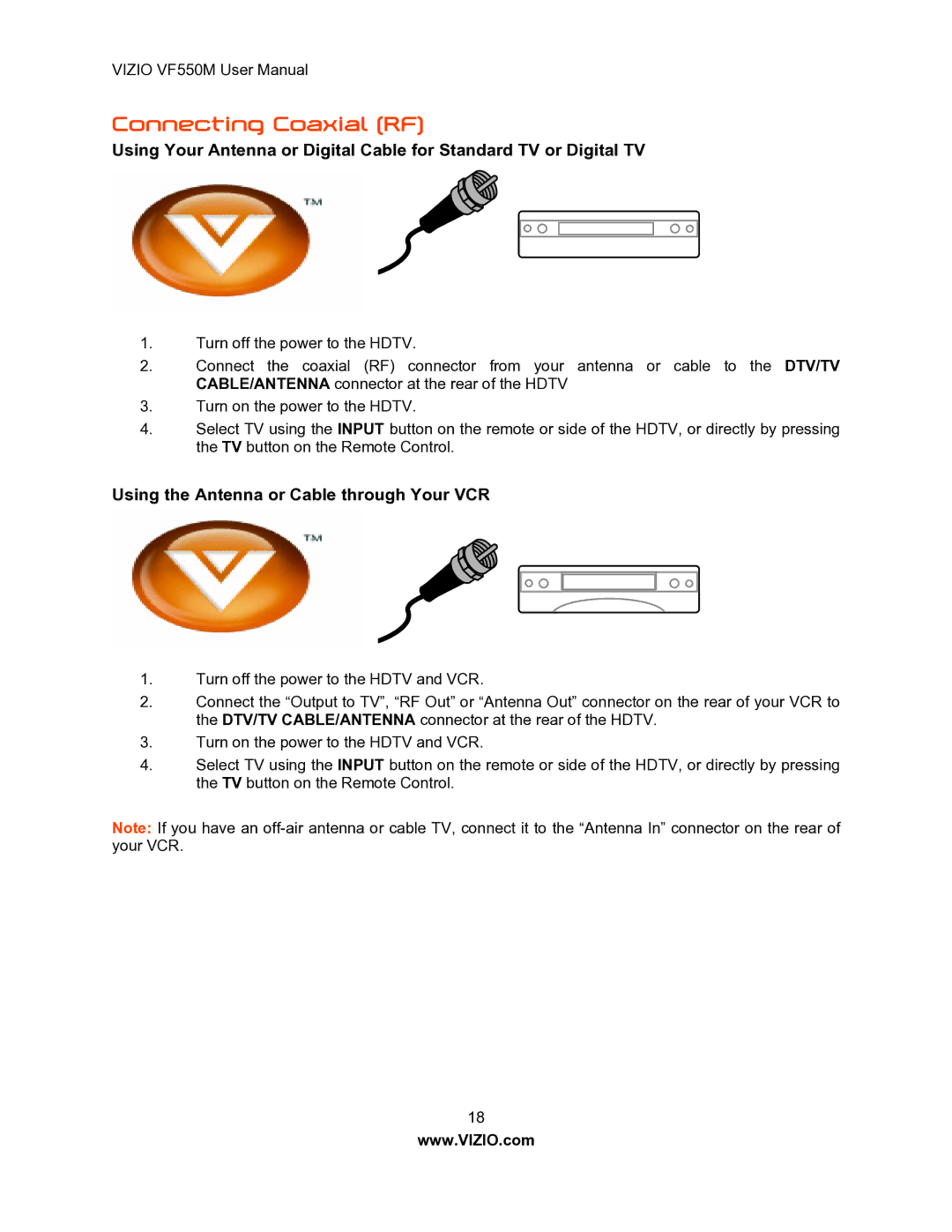 Vizio VF550M user manual Connecting Coaxial RF, Using the Antenna or Cable through Your VCR 