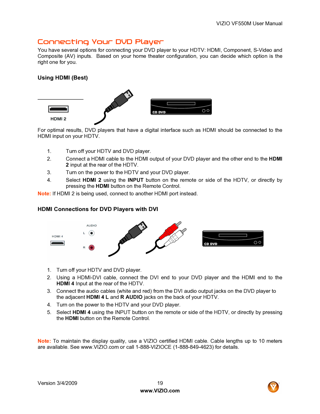 Vizio VF550M user manual Connecting Your DVD Player, Hdmi Connections for DVD Players with DVI 