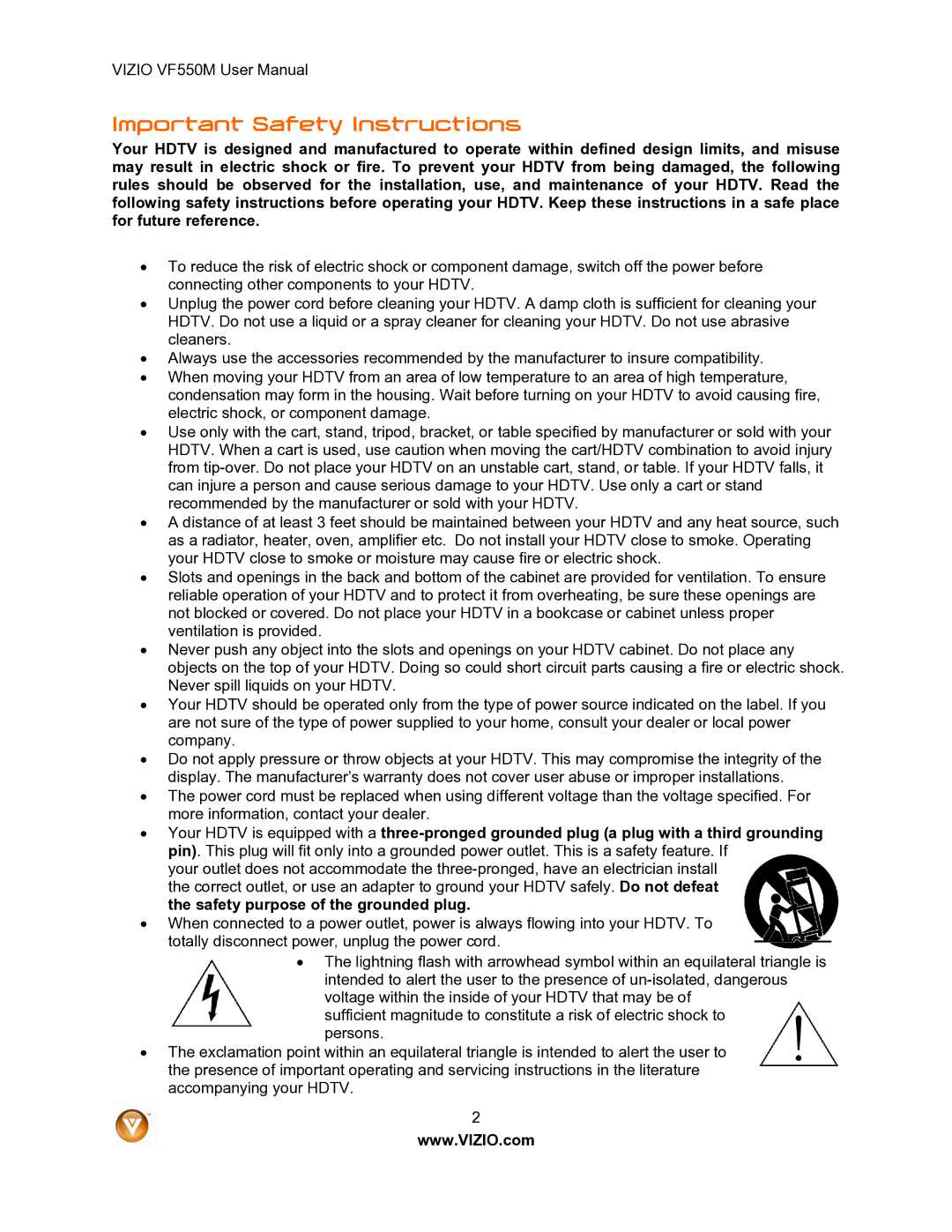 Vizio VF550M user manual Important Safety Instructions 