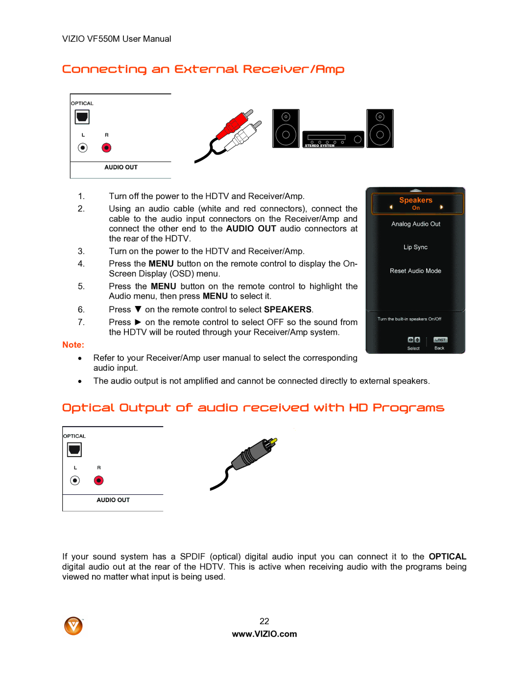 Vizio VF550M user manual Connecting an External Receiver/Amp, Optical Output of audio received with HD Programs 