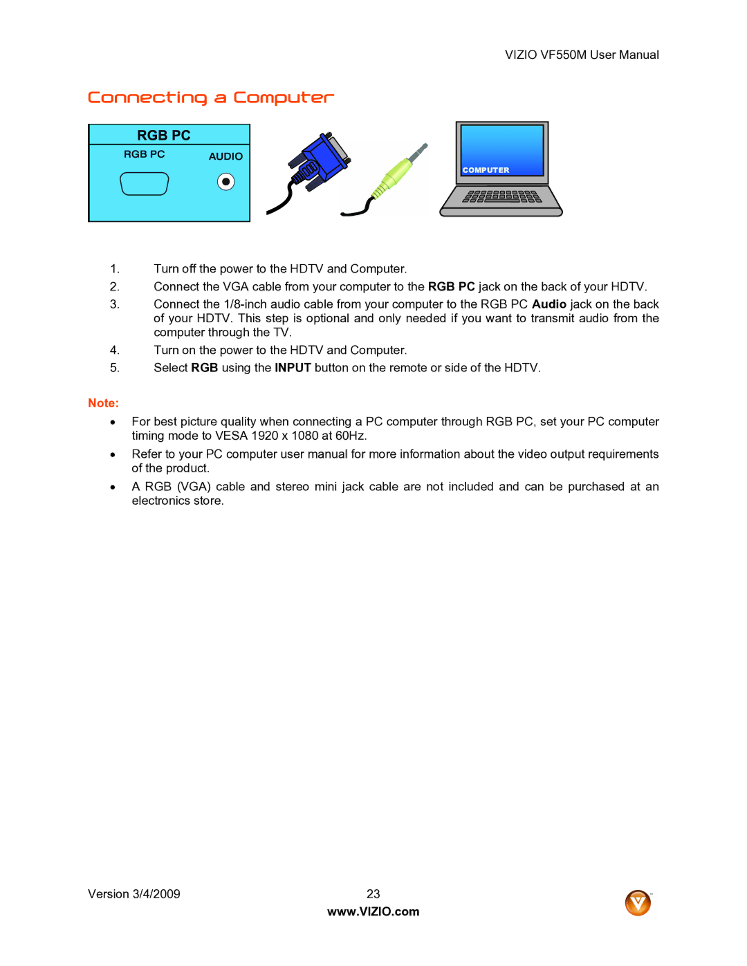 Vizio VF550M user manual Connecting a Computer 