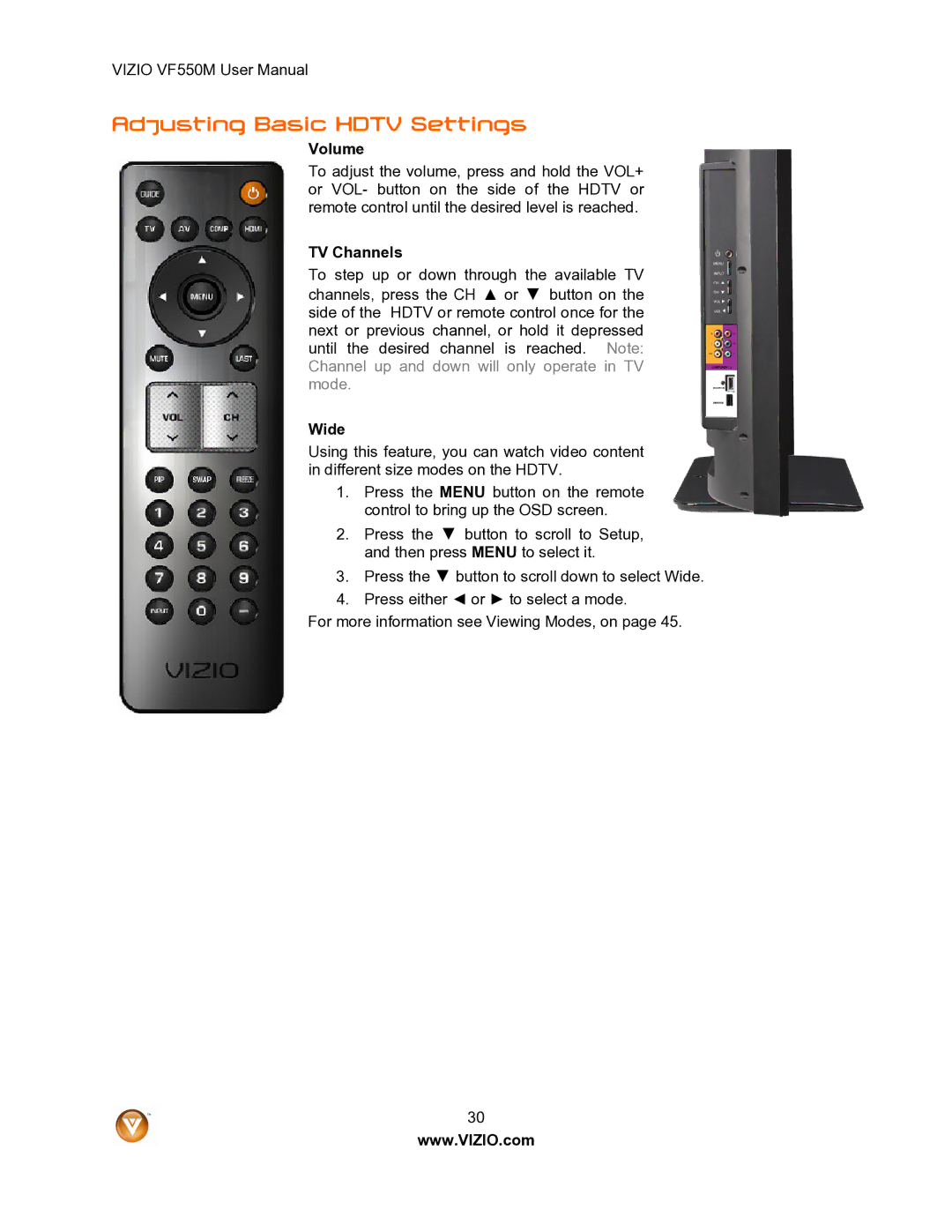 Vizio VF550M user manual Adjusting Basic Hdtv Settings, Volume, TV Channels, Wide 