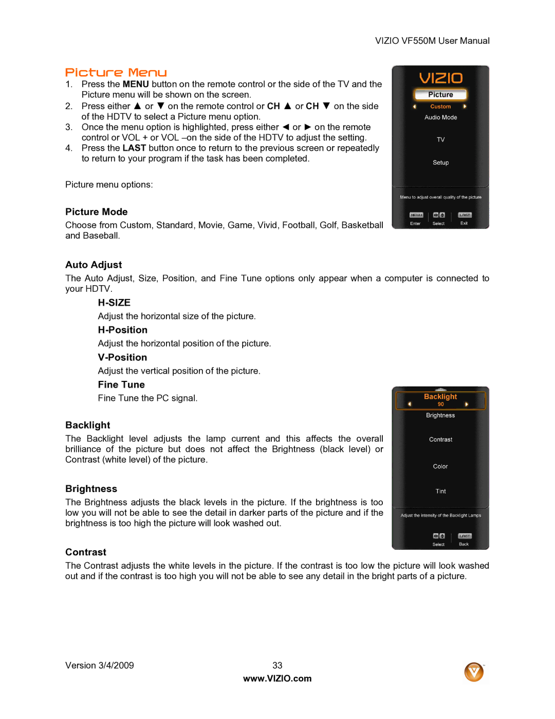 Vizio VF550M user manual Picture Menu 