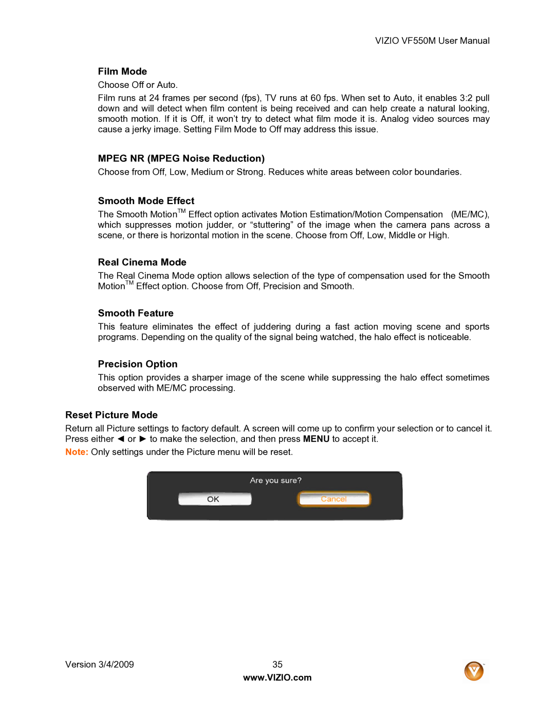 Vizio VF550M user manual Film Mode, Mpeg NR Mpeg Noise Reduction, Smooth Mode Effect, Real Cinema Mode, Smooth Feature 