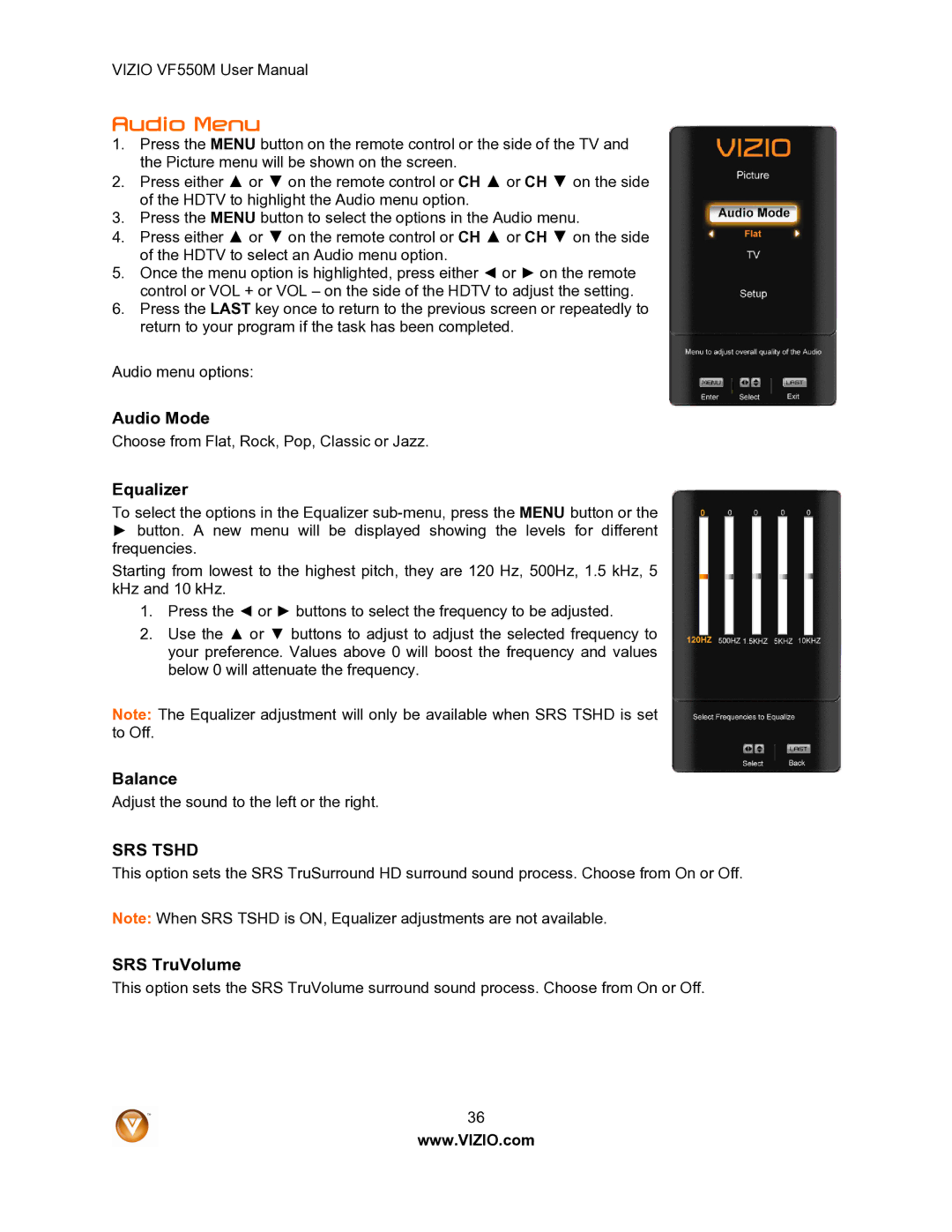 Vizio VF550M user manual Audio Menu, Audio Mode, Equalizer, Balance, SRS TruVolume 